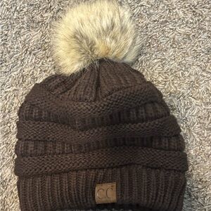 C.C Brown Knit Beanie with Faux Fur Pom
